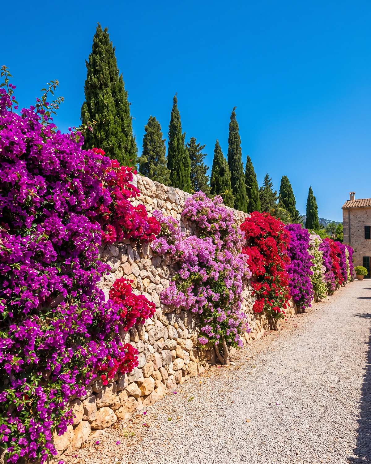 Natursteinmauer mit blühender Bougainvillea und Zypressen