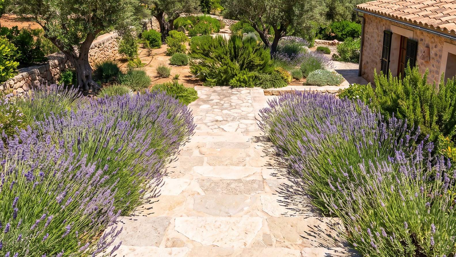 Natursteinweg zwischen blühendem Lavendel