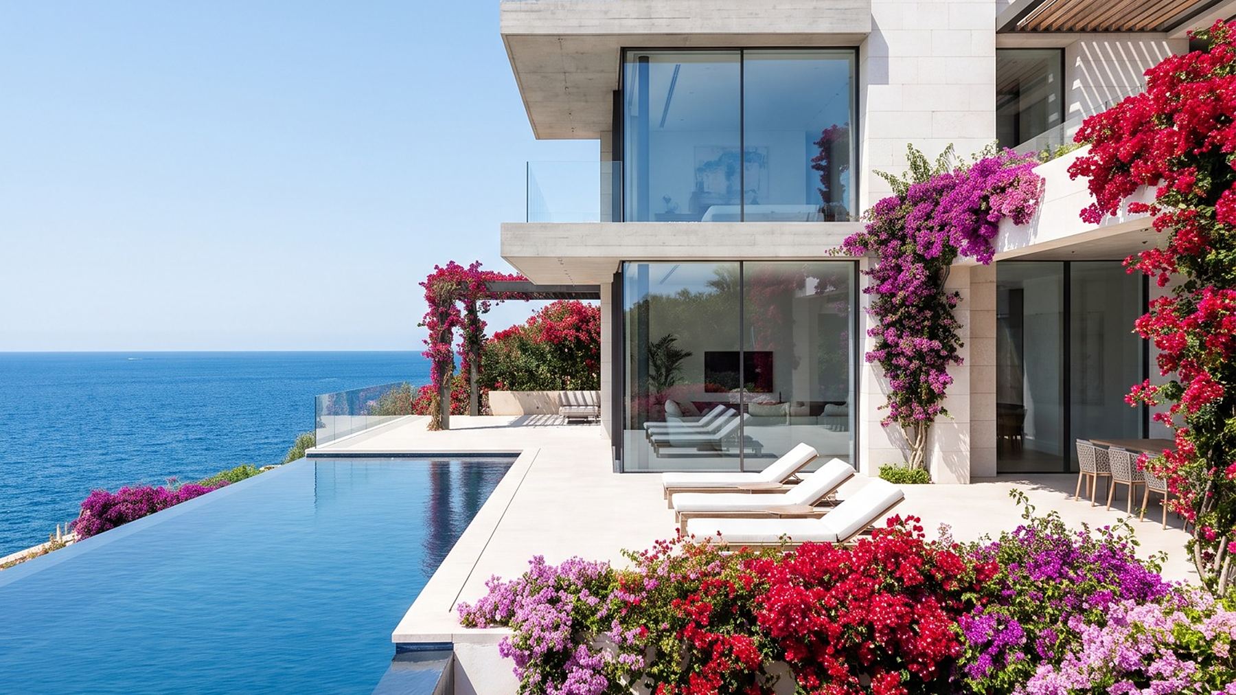 Villa mit Pool und blühender Bougainvillea über dem Meer