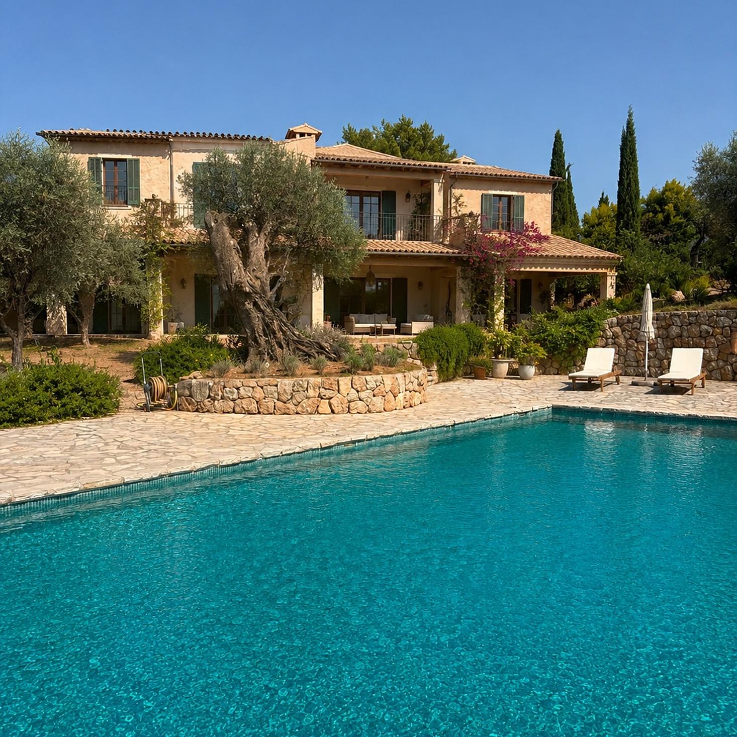 Klares Poolwasser vor einer Finca auf Mallorca
