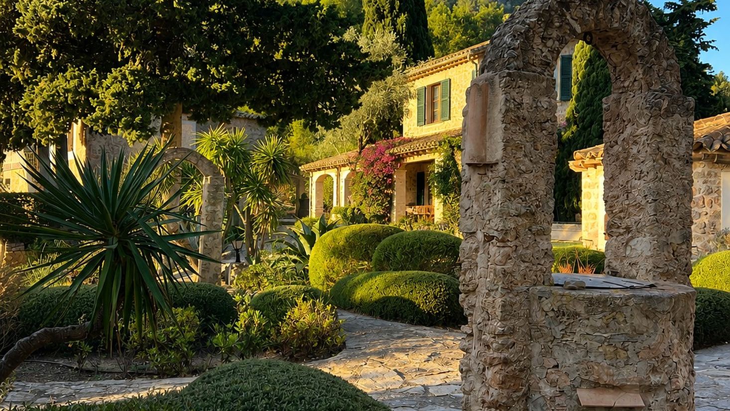 Mediterraner Garten mit altem Steinbogen und Palmen