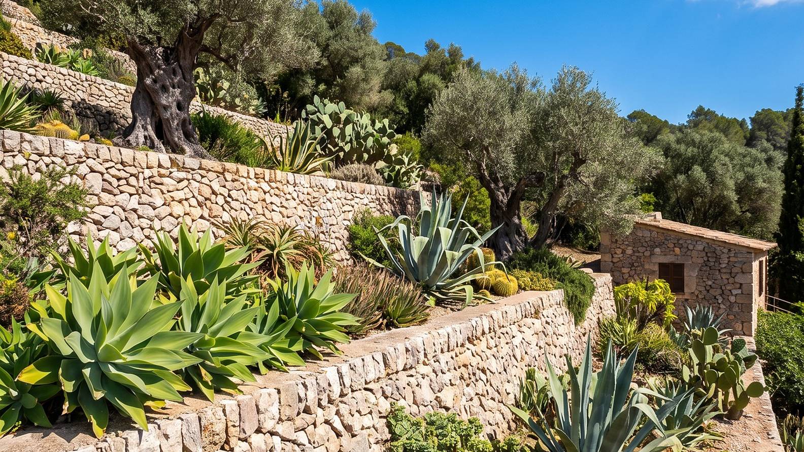 Trockenmauer mit Agaven an einem Hanggrundstück auf Mallorca