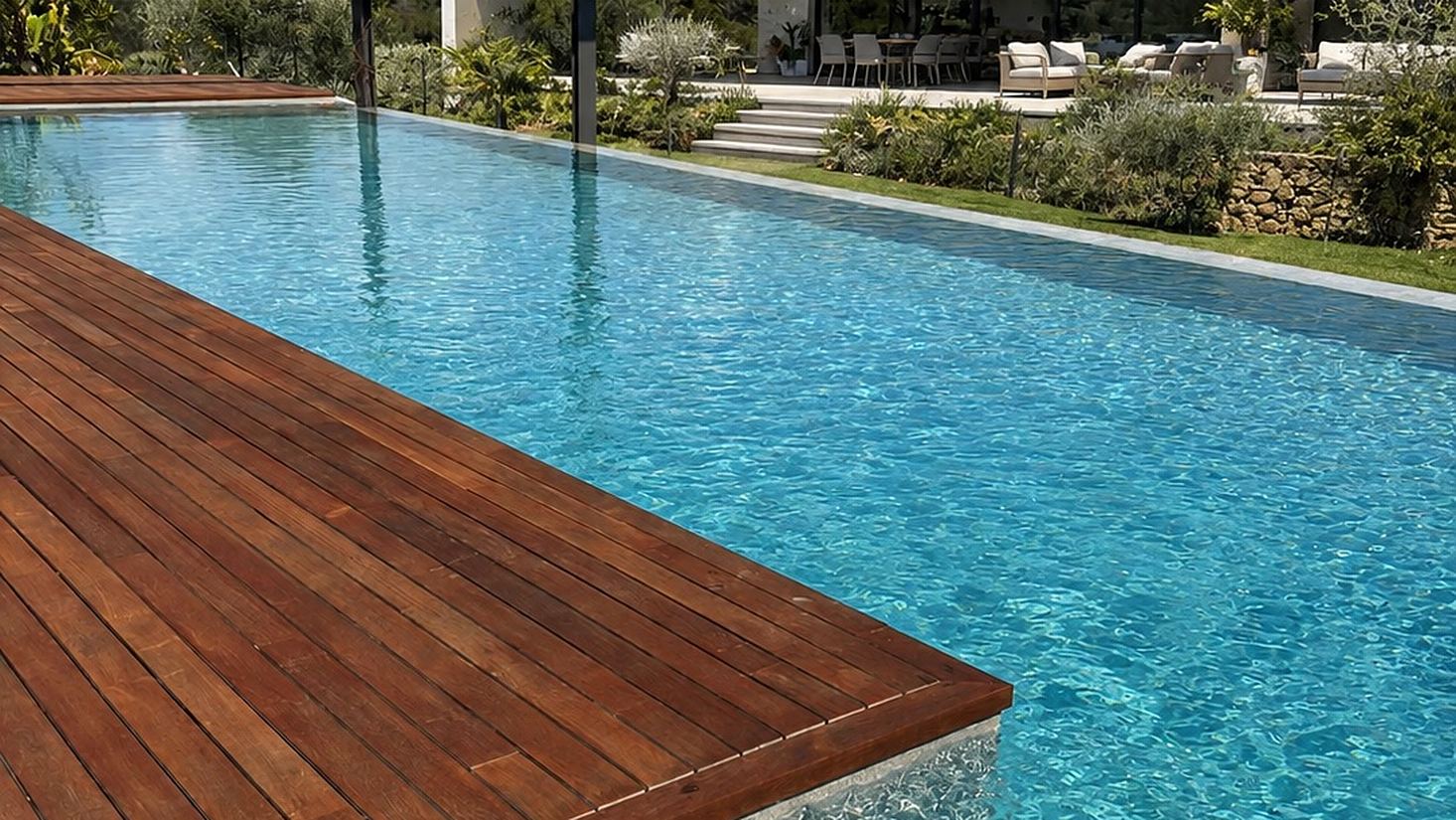 Pool mit Holzdeck an einer Villa auf Mallorca