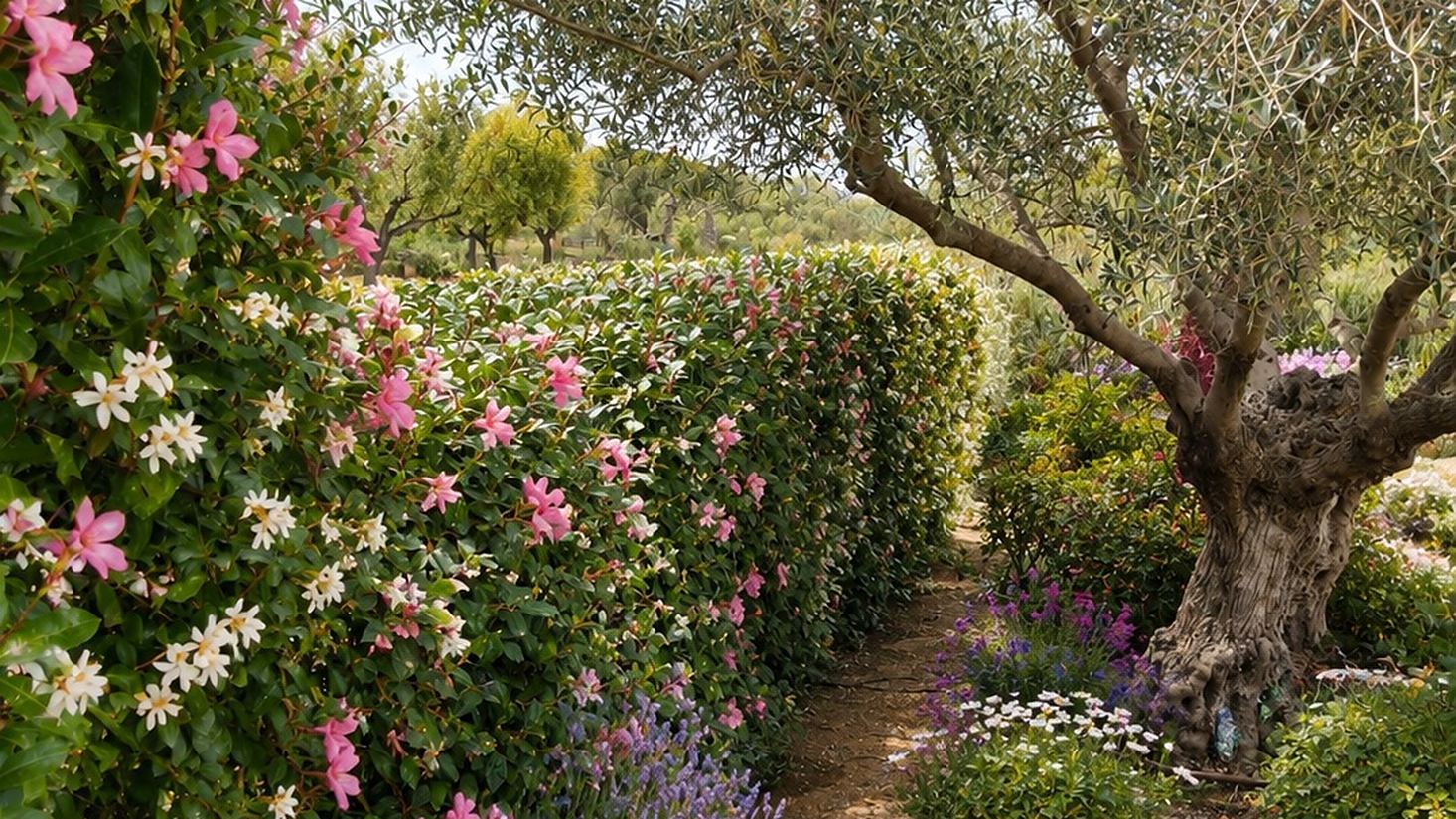 Olivenbaum und blühende Beete in einem mallorquinischen Garten