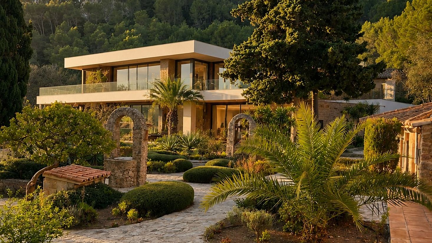 Gartenweg aus Naturstein zwischen mediterranen Pflanzen