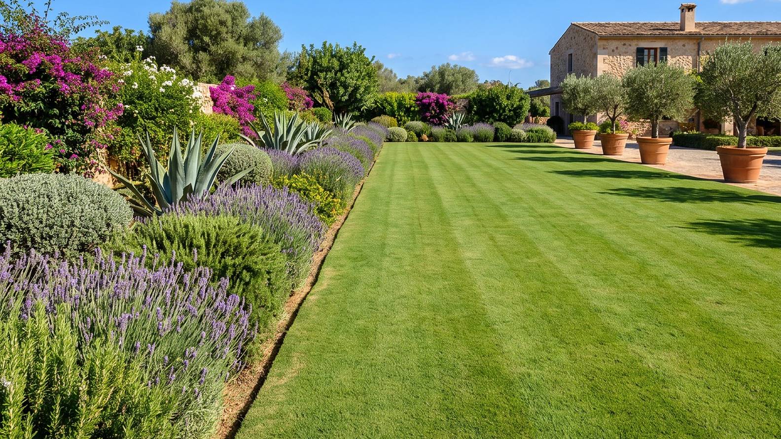 Gepflegter Rasen mit Lavendelbeeten vor einer mallorquinischen Finca